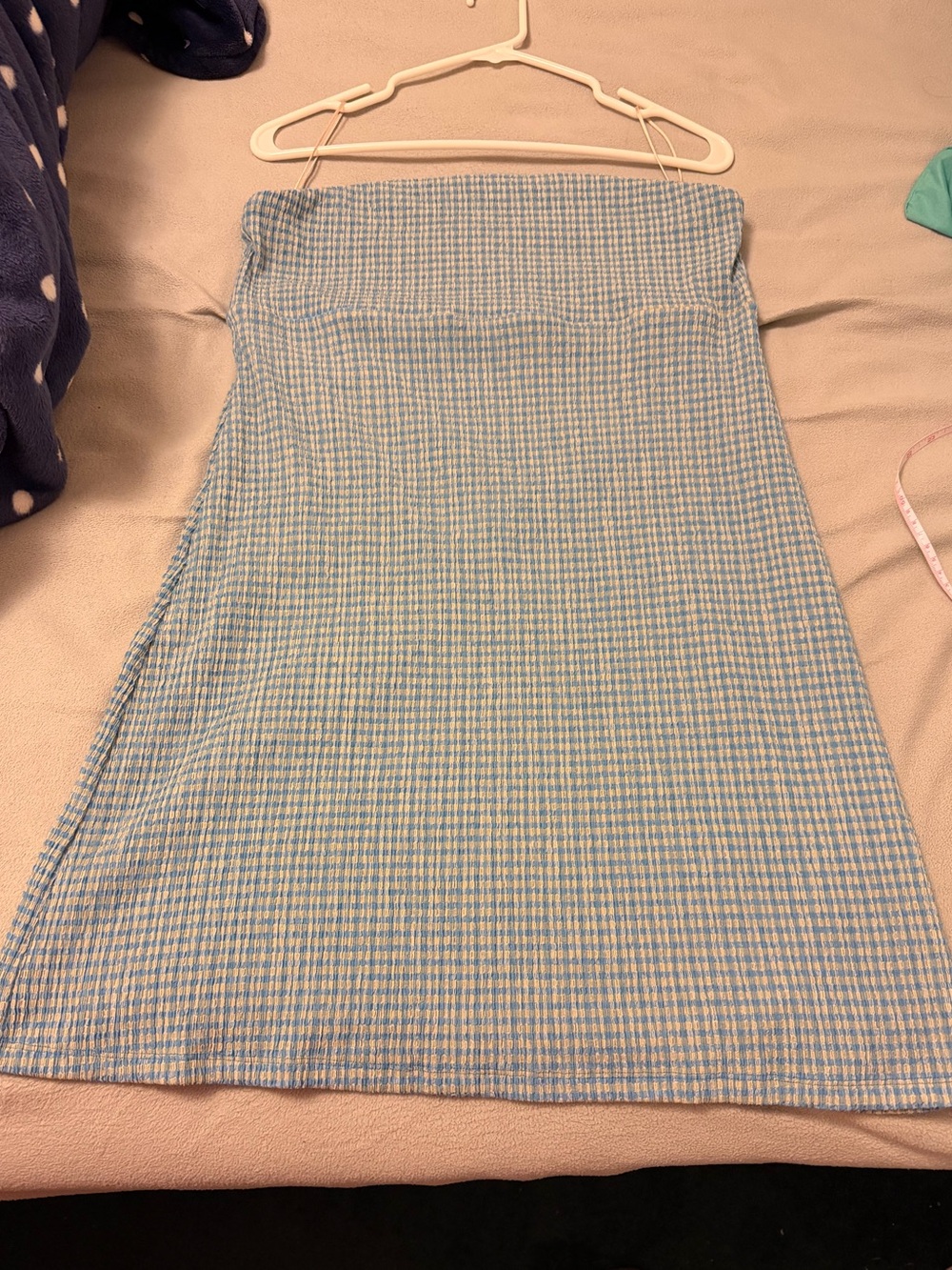 Aritzia Wilfred Blue Gingham Seersucker Strapless Mini Dress XL Summer Coastal - Picture 6 of 7